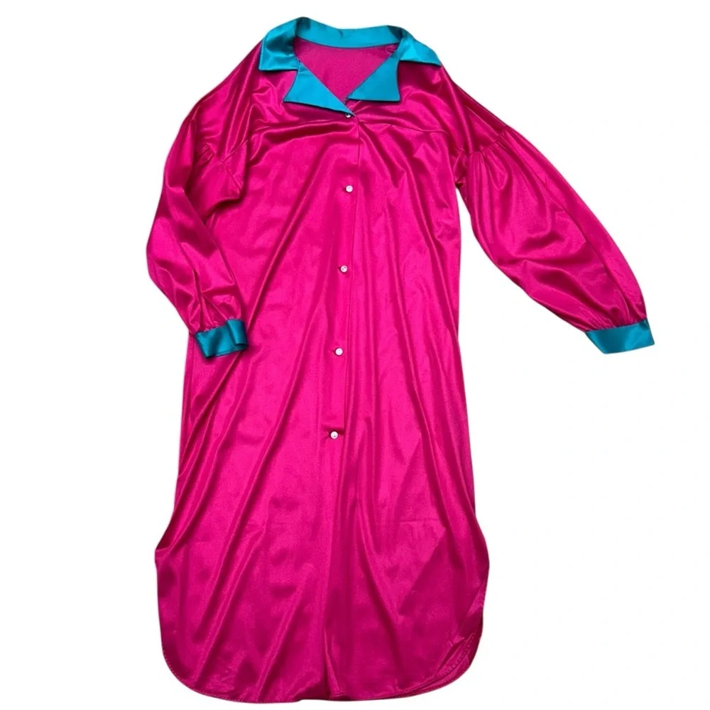 Vintage 80s Nylon Nightgown Robe Set Pink Teal Lounge Set Long Sleepwear